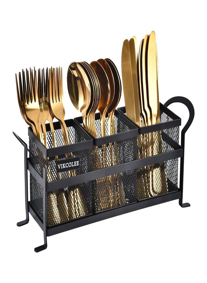 VIKCOLEE Kitchen Utensil Holder, Silverware Organizer Holder, Compact Metal Organizer for Flatware, Spoons, Forks, and Knives - 3 Separate Compartments Perfect for Kitchen Countertop- Black - Image 1